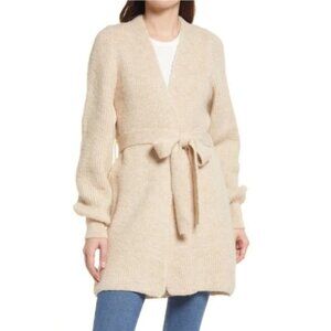 Topshop Blouson Sleeve Belted Knit Cardigan in Oat 4-6